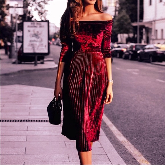 red velvet pleated dress